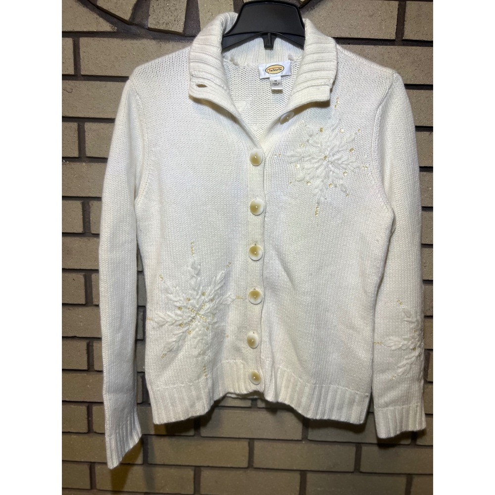 Talbots Cream Snowflake Embroidered Cardigan Sweater Medium Lambswool Blend
